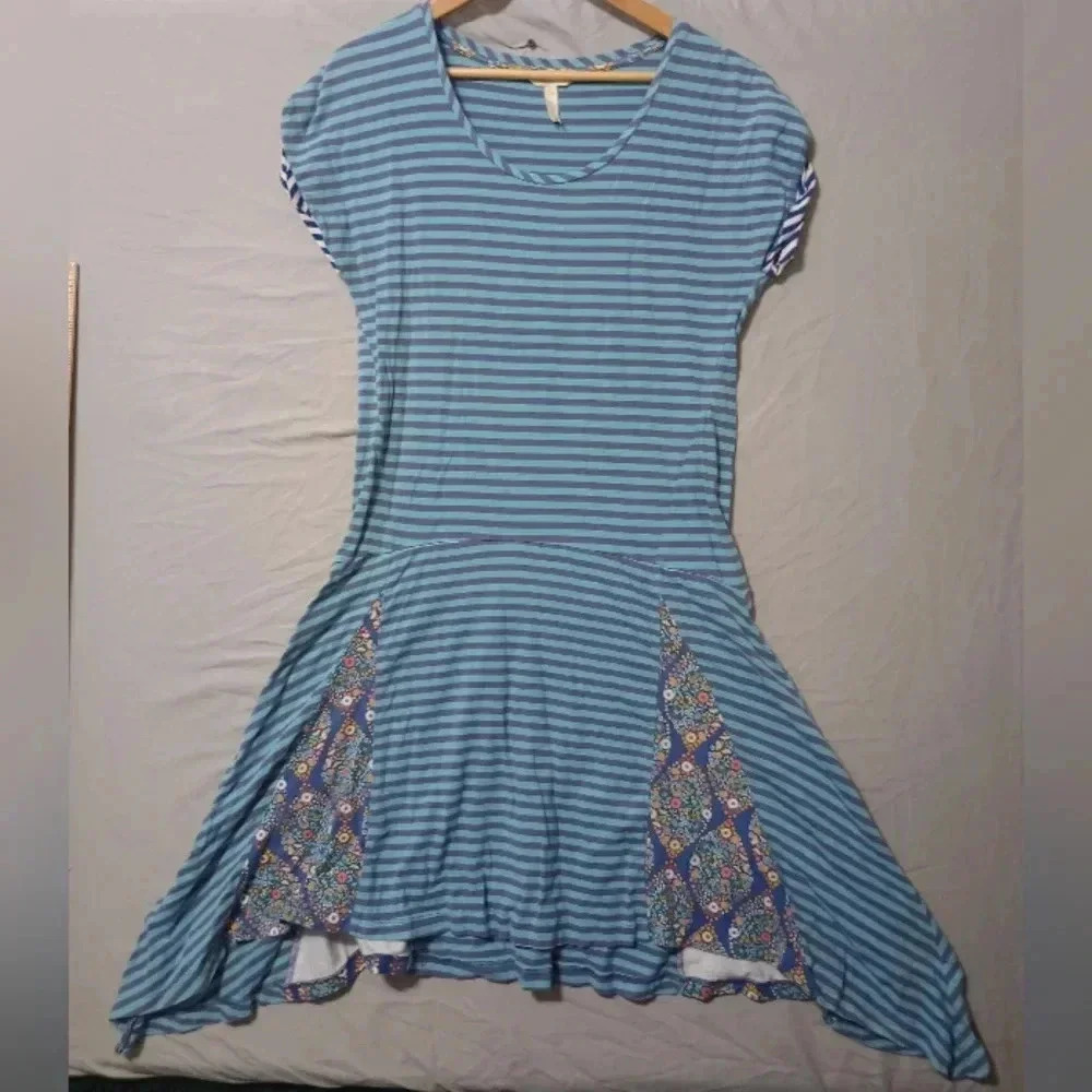 Matilda Jane Stripe Summer Flare Dress Blue Patchwork S Preppy Boho Cottagecore